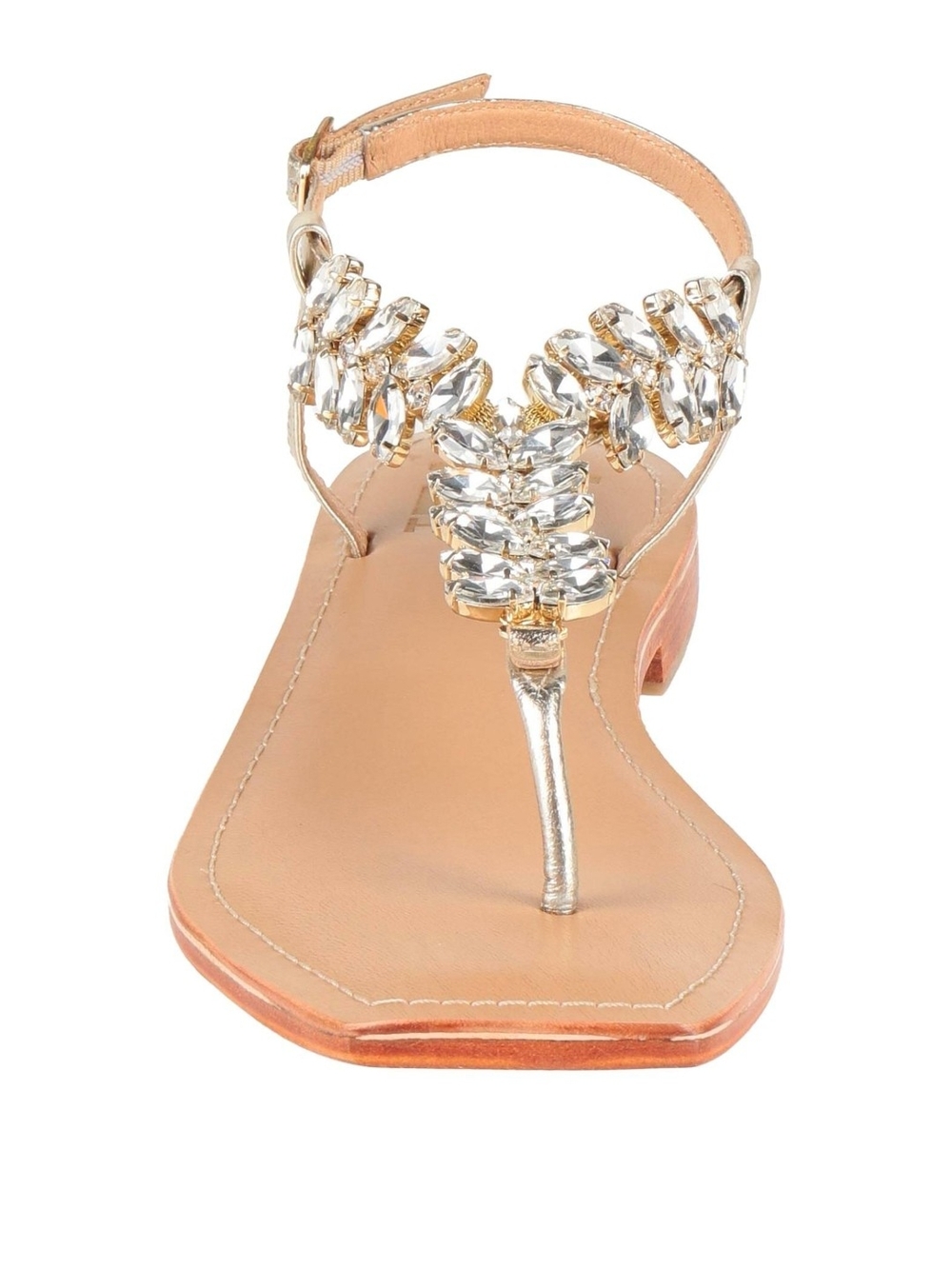 Genuine Leather Platinum Gold Jeweled T-Strap Sandals - Women